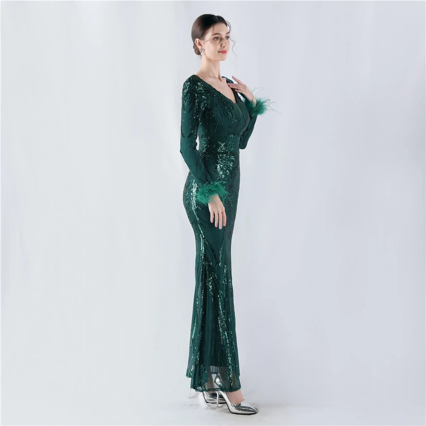 Robe de soirée haut de gamme ornée de perles florales fixes et de poils d'autruche, hôte de la réunion annuelle d'hiver view 49