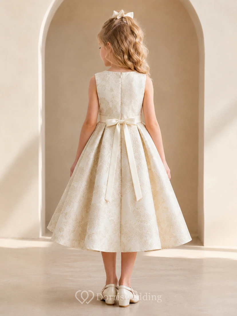 Robe de demoiselle d'honneur élégante et formelle, couleur champagne, à imprimé floral jacquard, col rond, sans manches, plissée, longueur thé, coupe trapèze, col rond, col rond, sans manches. view 2