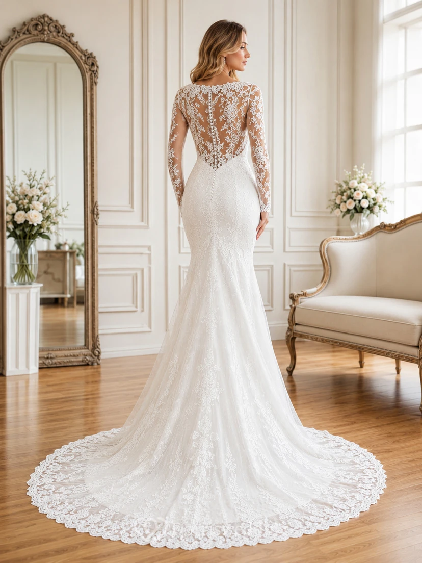 Vestido de novia de sirena de encaje con mangas largas, listo para exhibición view 2