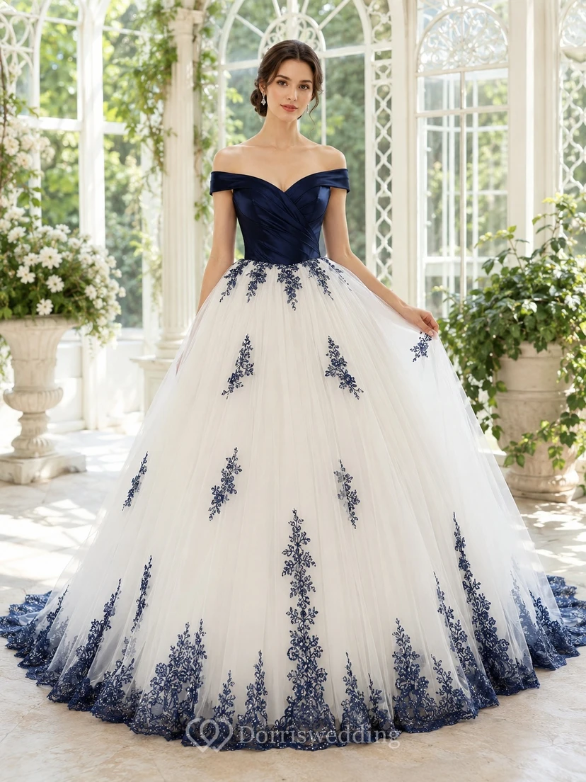 Marineblaues, schulterfreies Ballkleid mit Muschelsaum und kurzen Ärmeln aus Tüll – romantisches Brautkleid
