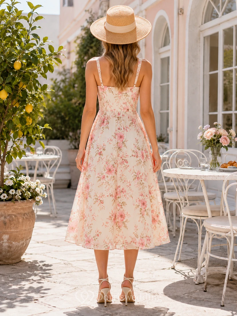 Soft Pink Floral Strap A Line Tea Length Sundress view 2