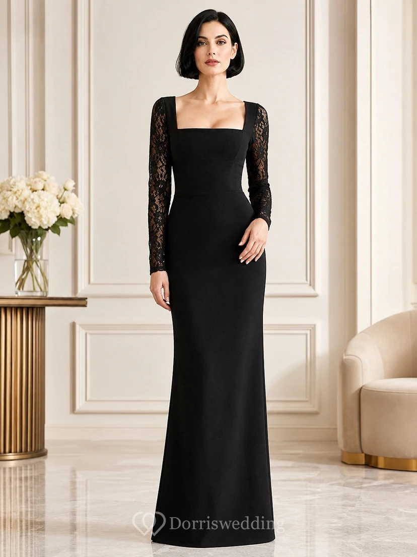 Black Velvet Square Neck Long Sleeve Sheath Evening Gown