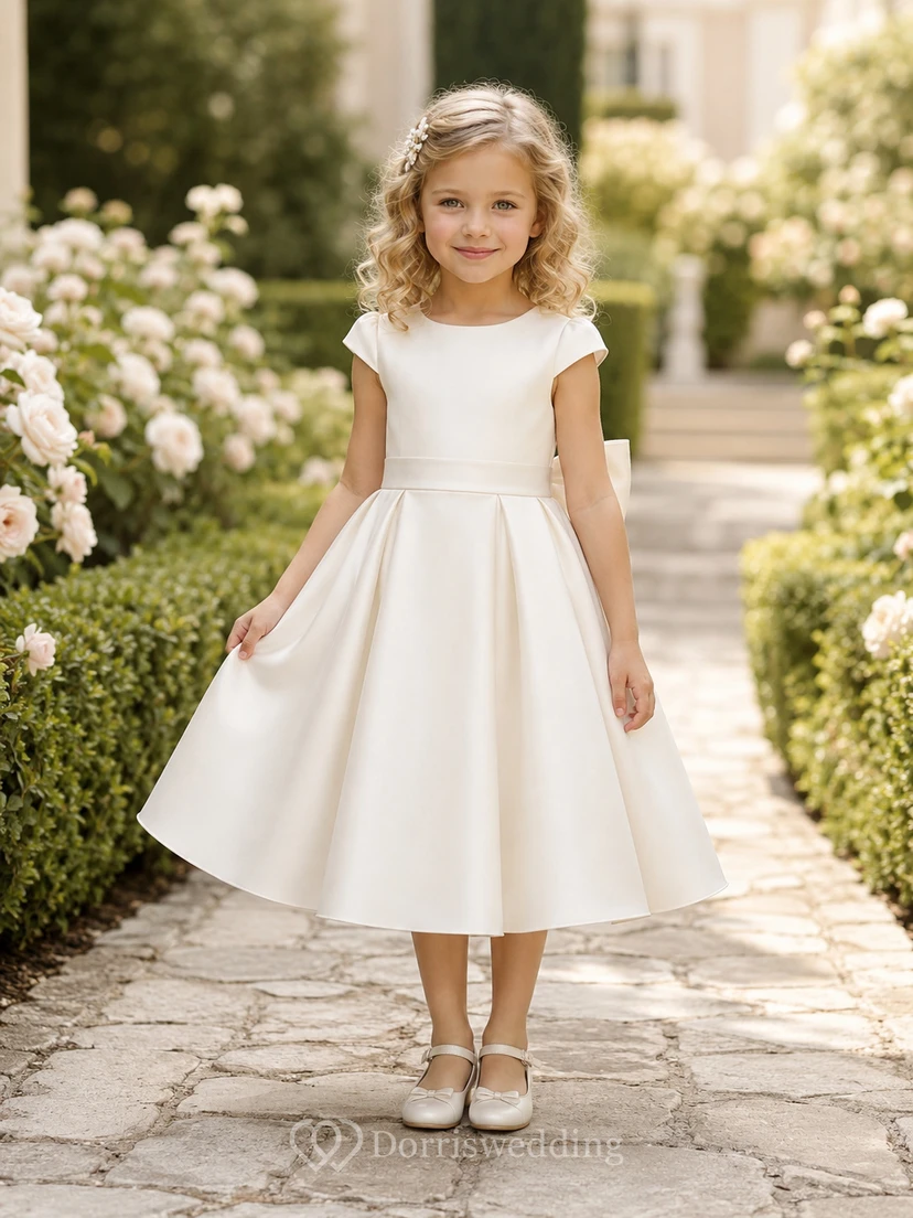 Blumenmädchenkleid aus elfenbeinfarbenem Satin, A-Linie, Rundhalsausschnitt, Teelänge, Schleifendetail