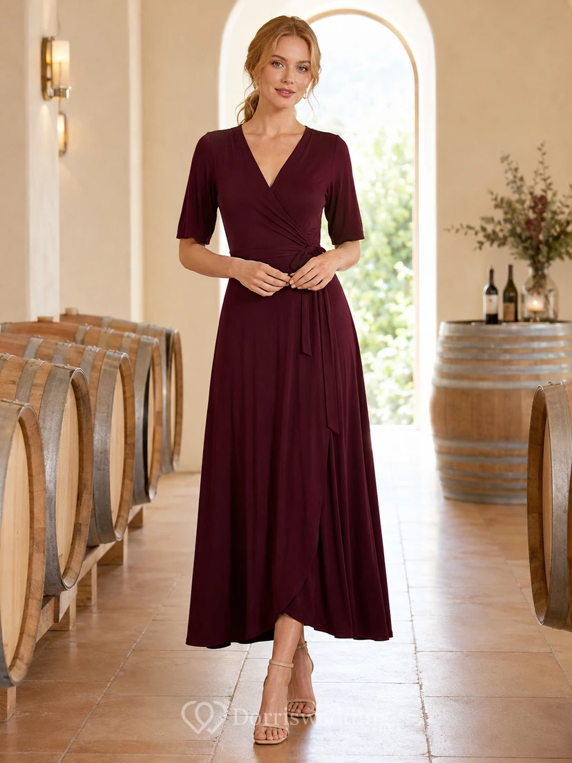 Burgundy Short Sleeve Wrap Winery Dinner Midi Dress