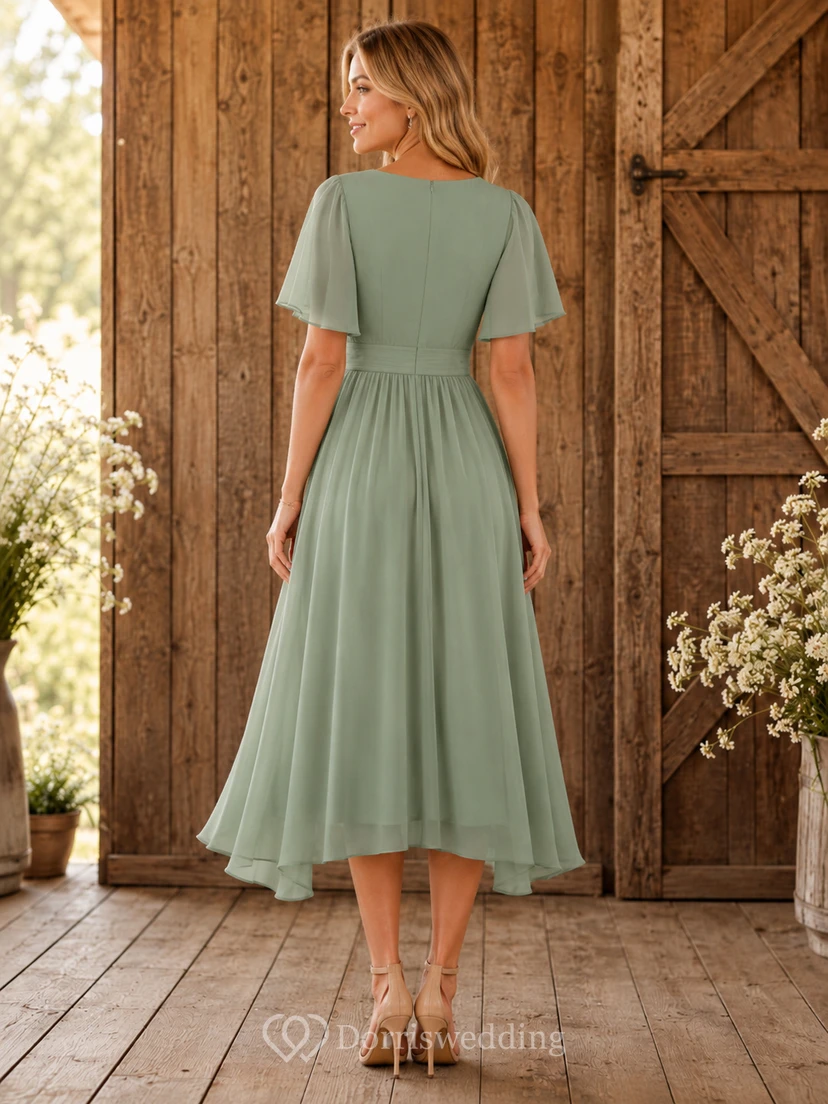 Robe midi de demoiselle d'honneur champêtre en mousseline de soie à manches papillon, couleur sauge view 2