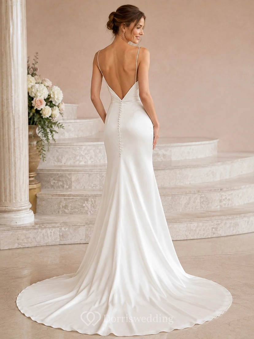 Simple Spaghetti V-Neck Low-V Back Satin Mermaid Court Train Wedding Dress view 2