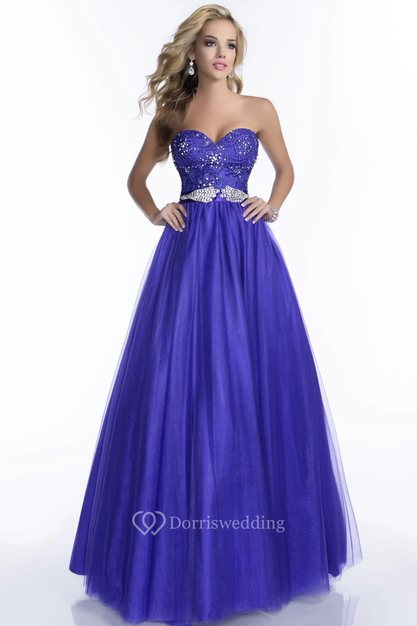A-Line Tulle Long Prom Dress With Lace Bodice And Beaded Waist