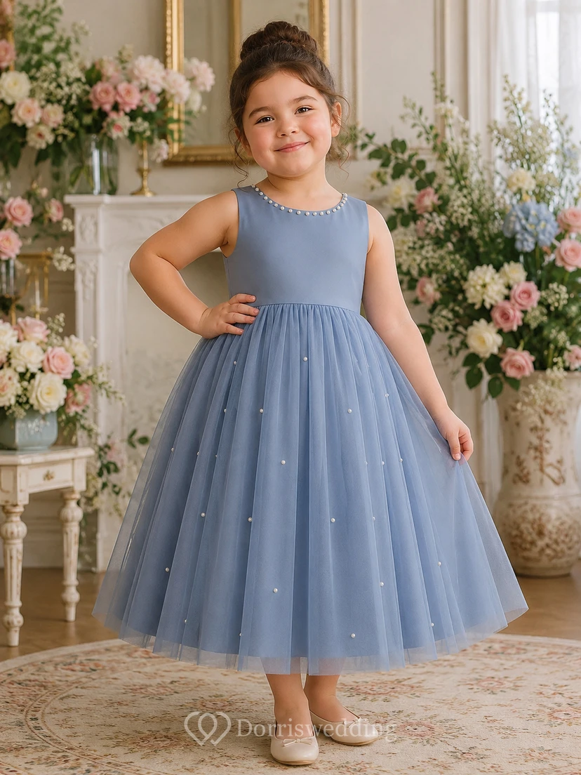 Scoop-neck Sleeveless Tulle Satin A-line Flowergirl Dress view 4