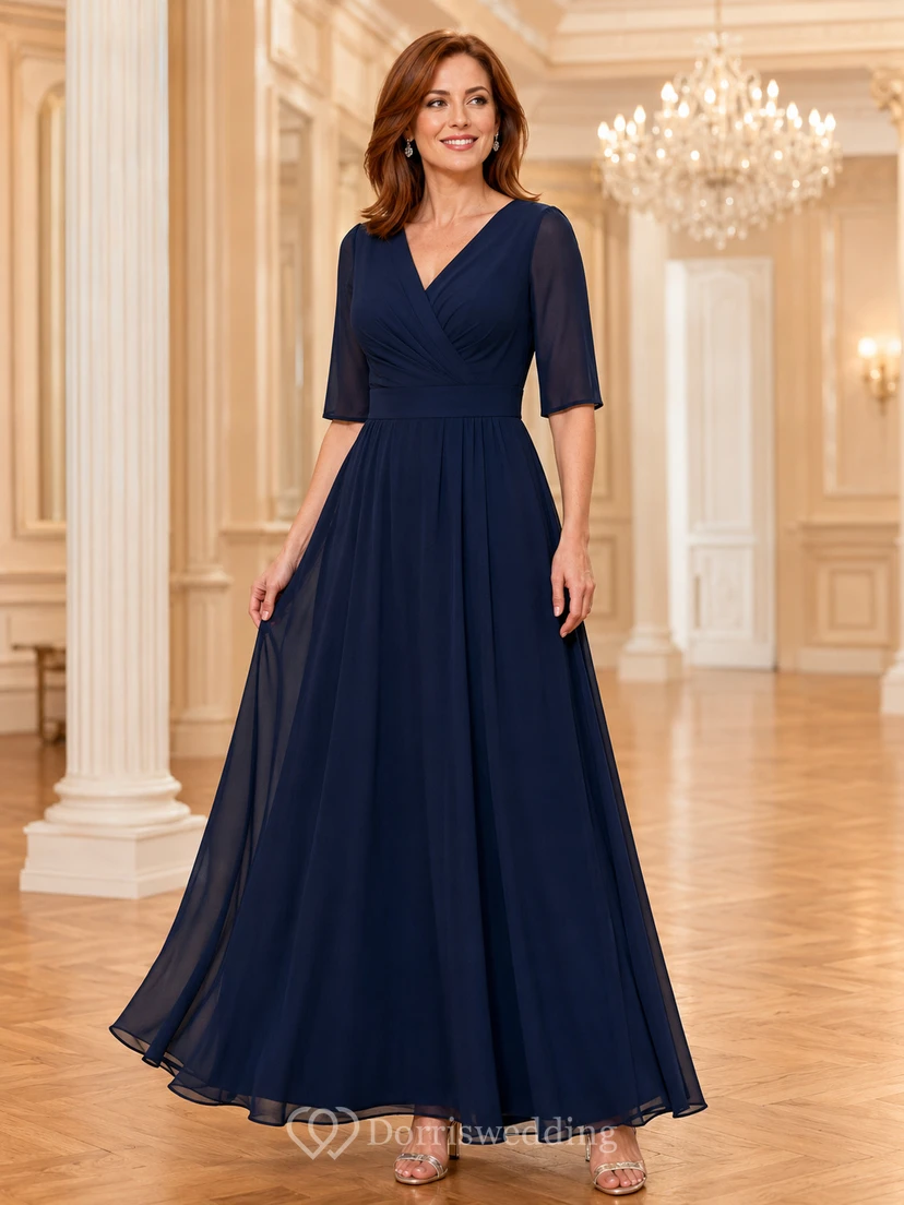 Dark Navy V Neck Half Sleeve Chiffon A Line Formal Dress