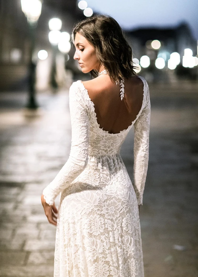Long Sleeve Lace Boho Wedding Dress | Simple Ivory Bridal Gown view 5