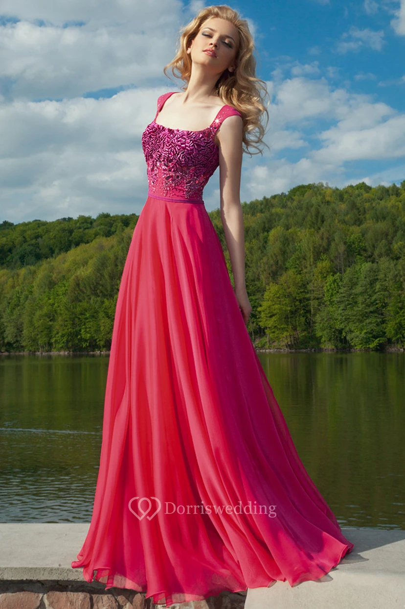 Crystal Cap-Sleeve Square-Neck Long Chiffon Prom Dress With Pleats