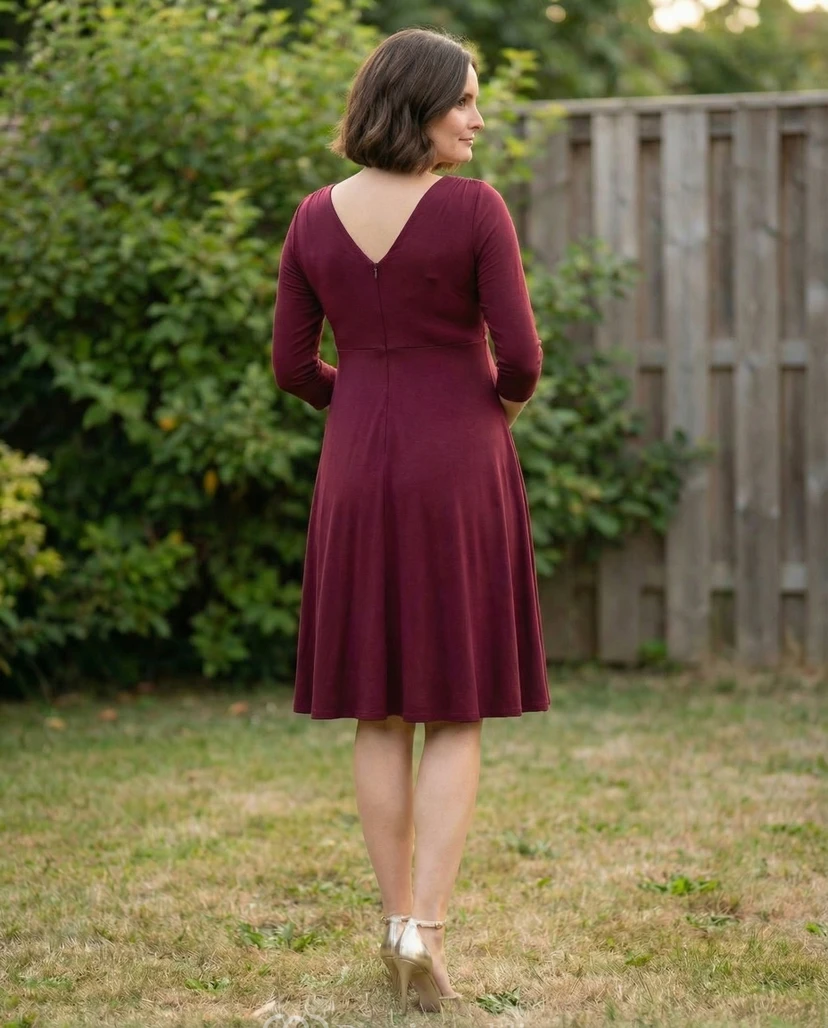 Burgundy Maternity Dress with V-Neck, 3/4 Sleeves & Knee-Length A-Line Skirt view 2