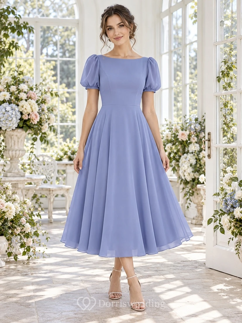 Teelanges, periwinkelfarbenes Chiffon-Brautjungfernkleid mit Puffärmeln und U-Boot-Ausschnitt