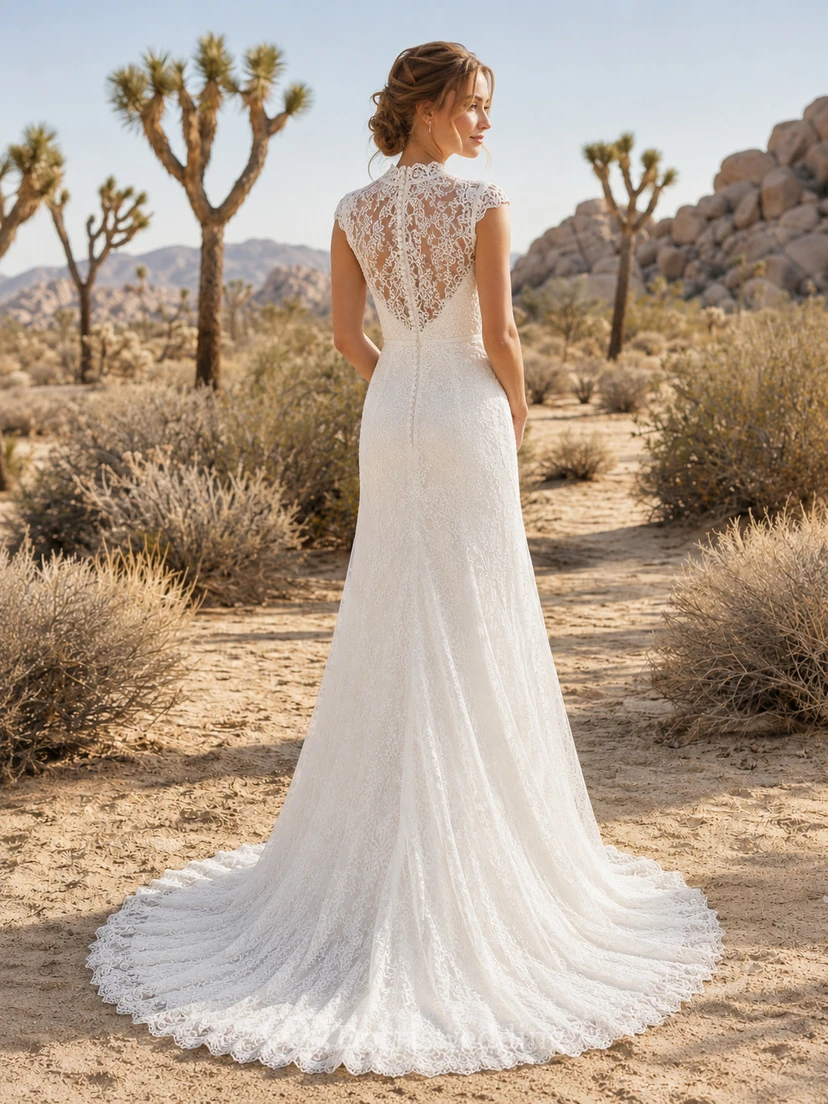 Robe de mariée désertique à col montant, manches courtes, entièrement en dentelle, fourreau et traîne chapelle view 2