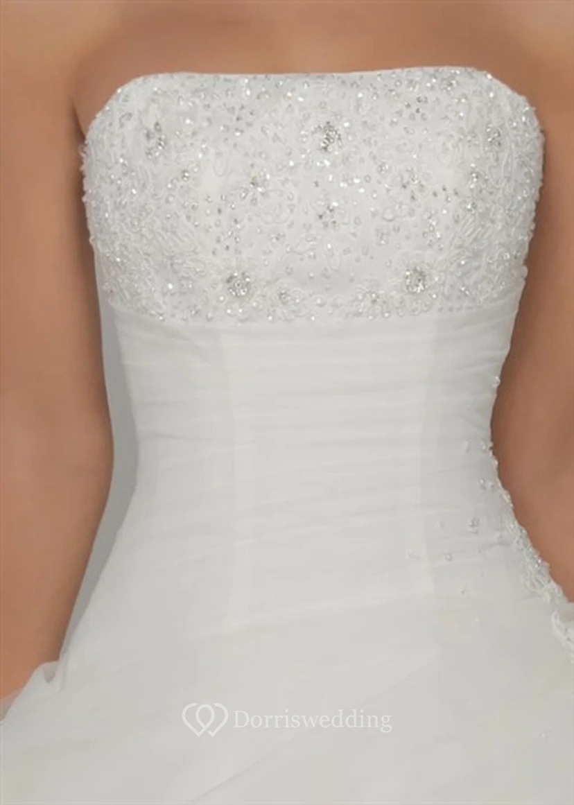 Ball Gown Sleeveless Strapless Long Beaded Tulle Wedding Dress With Pick Up view 3