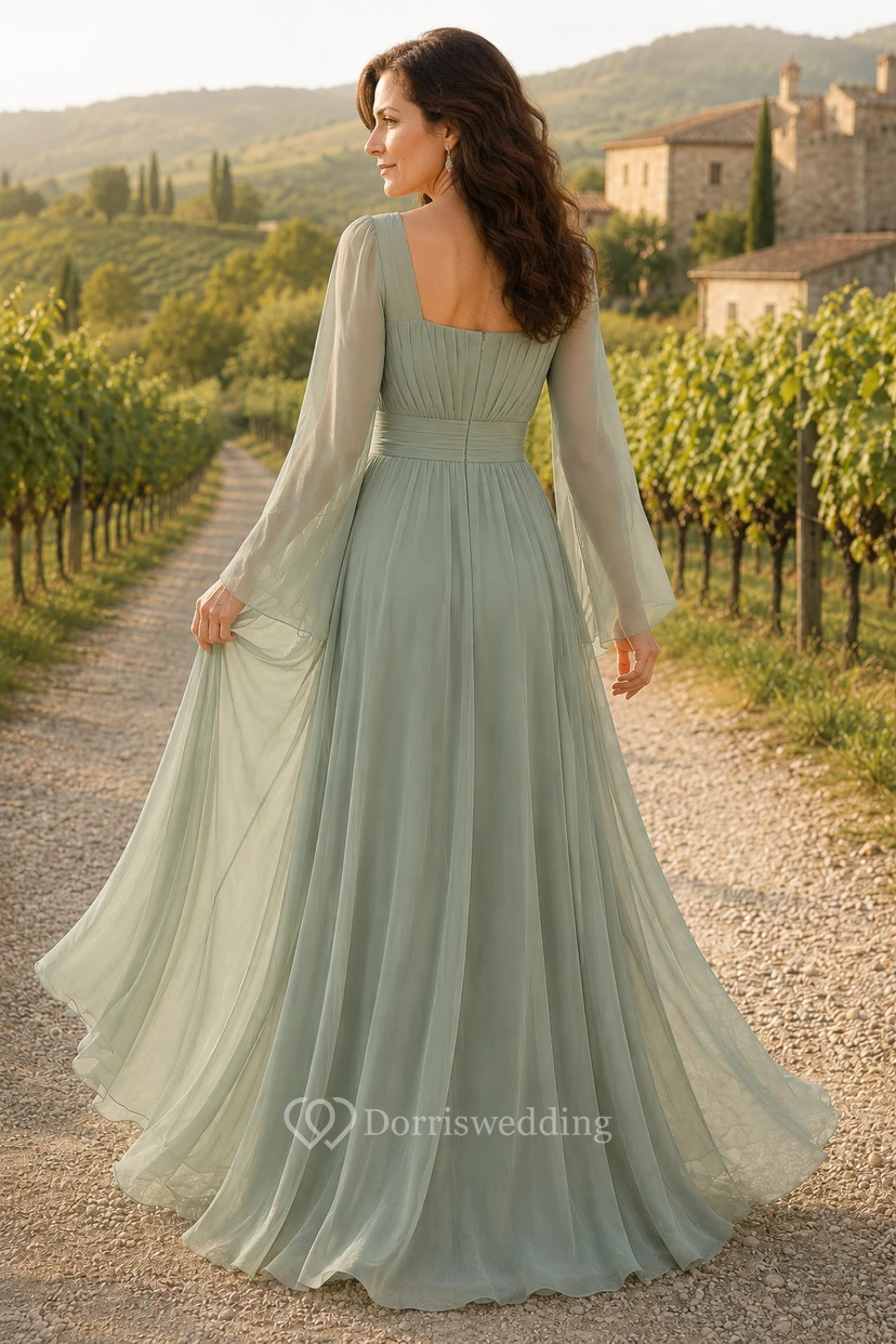 Salbeigrünes Chiffon-Kleid in A-Linie mit eckigem Ausschnitt und Glockenärmeln view 2