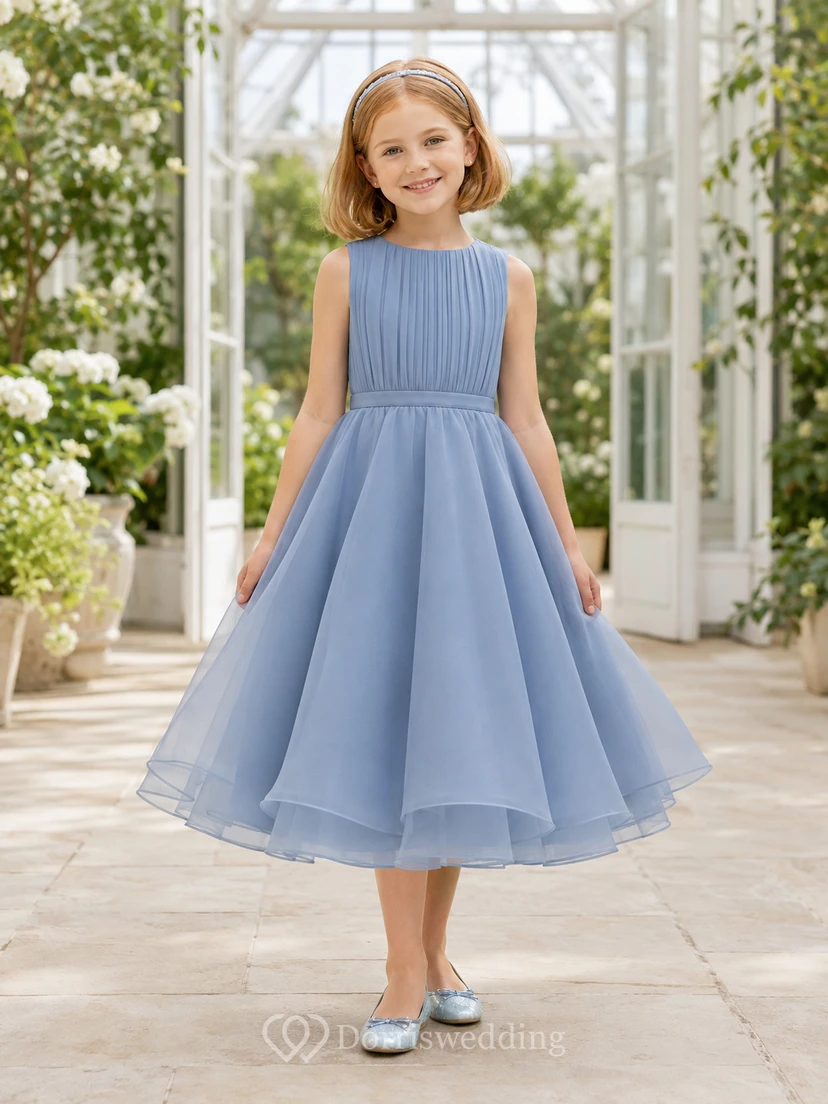 Blumenmädchenkleid, stahlblau, Chiffon, A-Linie, ärmellos, eckiger Ausschnitt, Teelänge