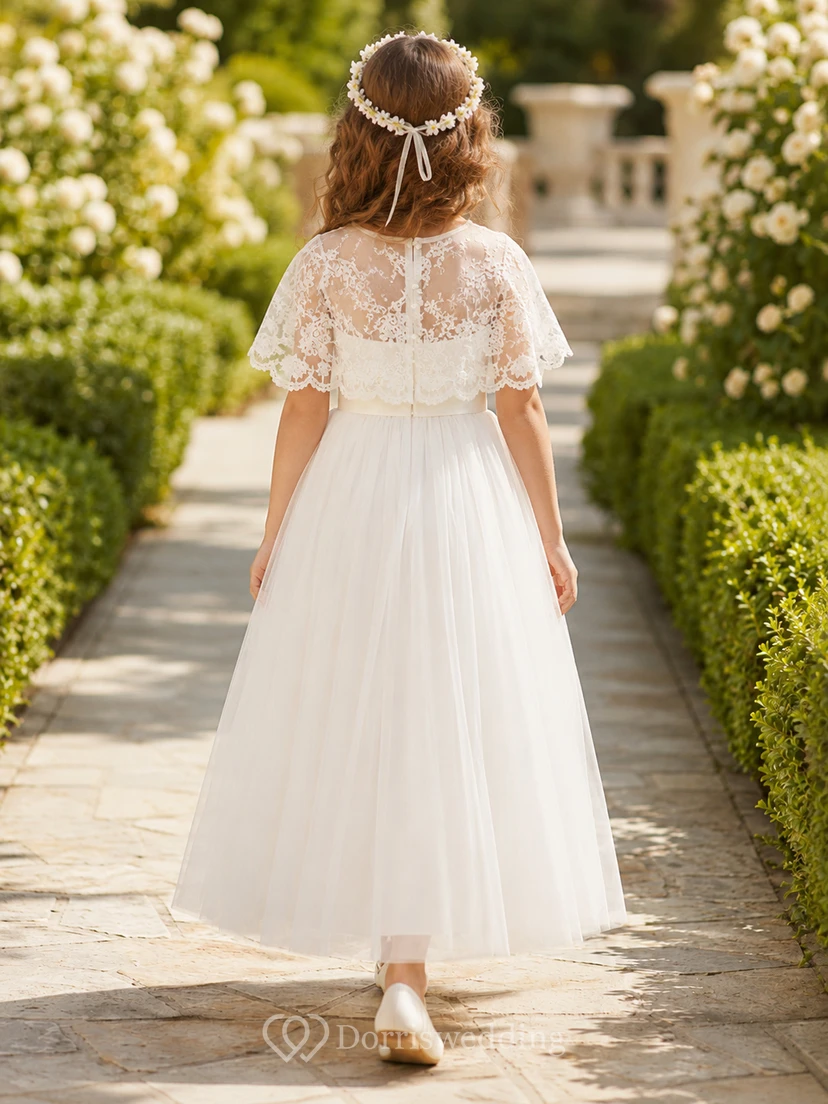 Vestido formal de comunión para niña de las flores, con capa corta de tul y encaje blanco. view 2