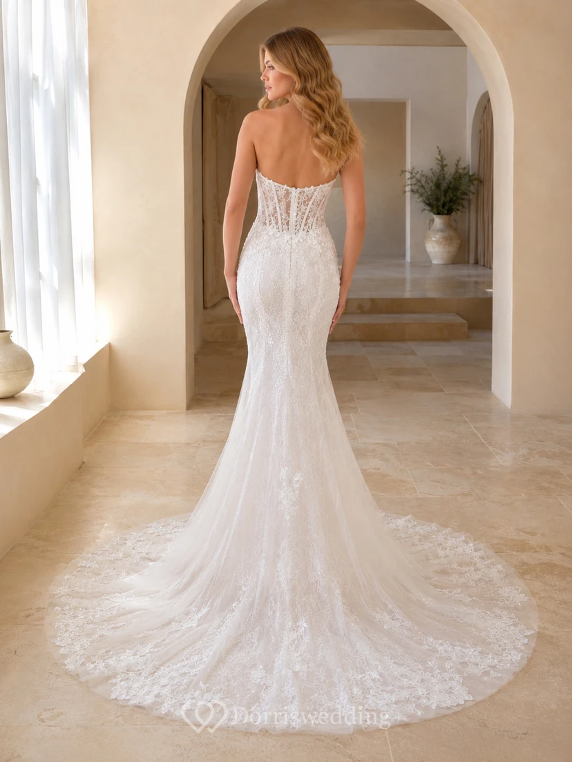 Trägerloses Brautkleid mit Herzausschnitt, floraler Spitze, Meerjungfrauen-Illusion und Kapellenschleppe view 2