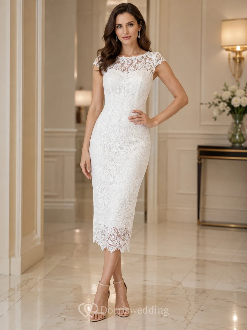 White Lace Jewel Neck Cap Sleeve Sheath Tea-Length Vintage Cocktail Dress
