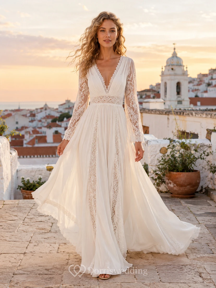 Robe de mariée bohème en mousseline de soie à col en V profond et manches longues, coupe trapèze, style bohème, décolleté en V profond, dentelle et dentelle.
