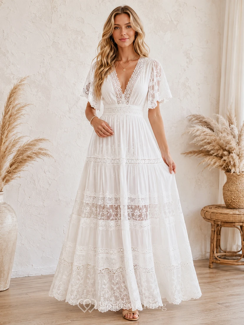 Robe de mariée bohème à col en V, manches courtes et dentelle à volants, pour la plage