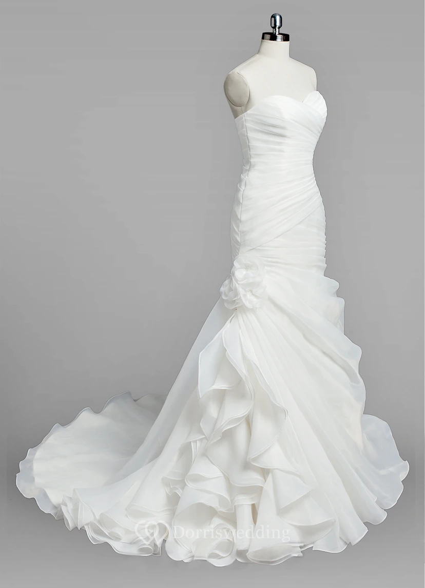 Sweetheart Mermaid Organza Wedding Dress Styles With Ruching and Ruffles view 2