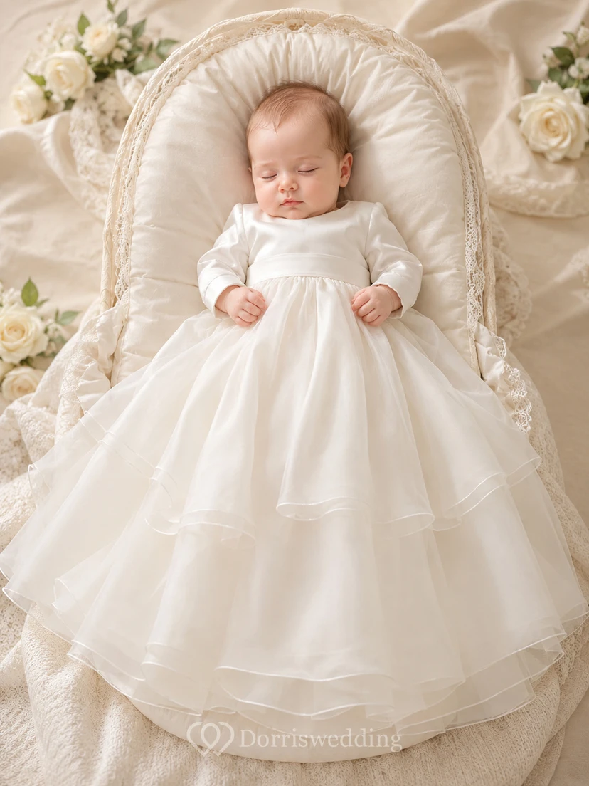 Satin-Oberteil, Organza-Rock, Taufkleid für Neugeborene, A-Linie, lange Ärmel, schlicht