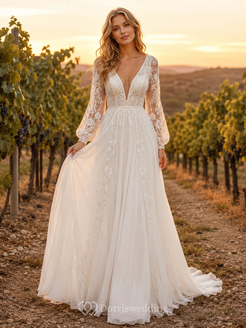 Embroidered Long Sleeve Vineyard A Line Bridal Gown
