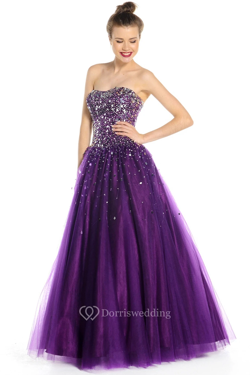 A-Line Sleeveless Beaded Strapless Floor-Length Tulle Prom Dress With Lace-Up Back