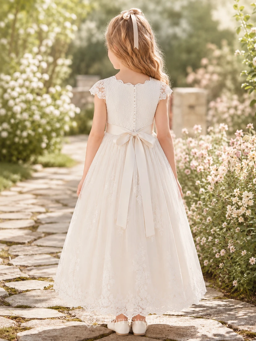 Lace Tulle A-Line Flower Girl Dress with Jewel Neck and Tea-Length Skirt view 2