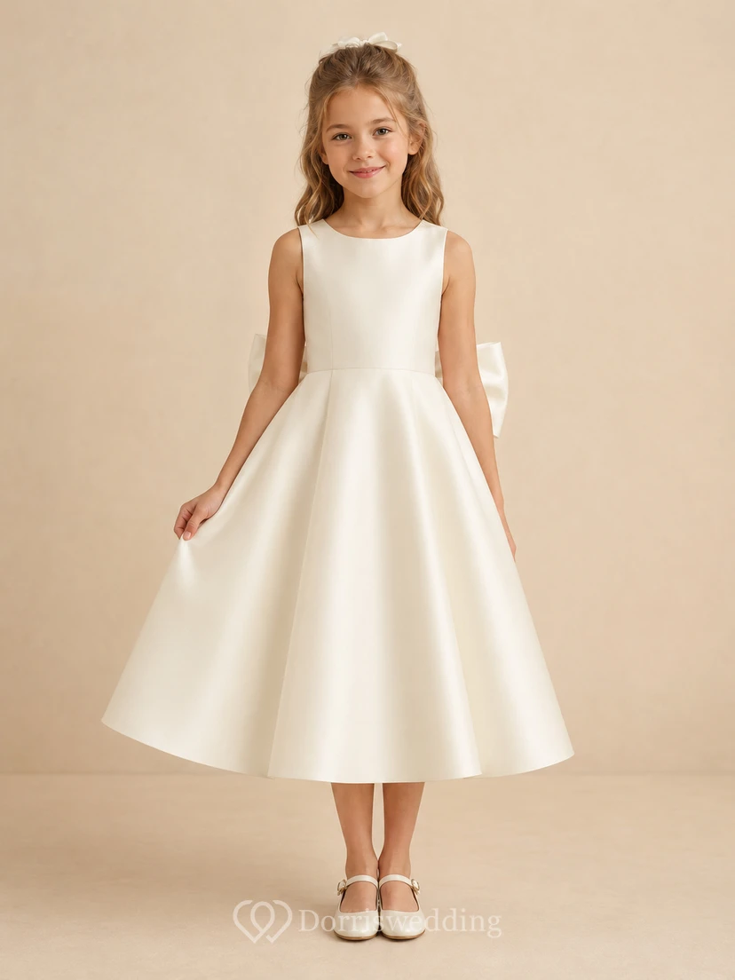 Vestido de niña de flores blanco sin mangas, de corte A, con escote joya y falda a la altura de la rodilla con detalle de lazo.