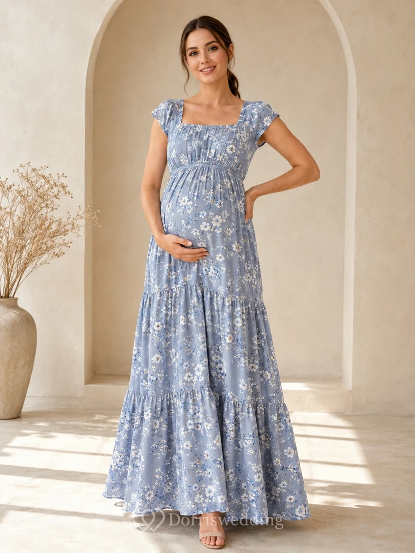 Maternity Steel Blue Floral Square Neck Cap Sleeve Empire Tiered Ankle-Length Dress