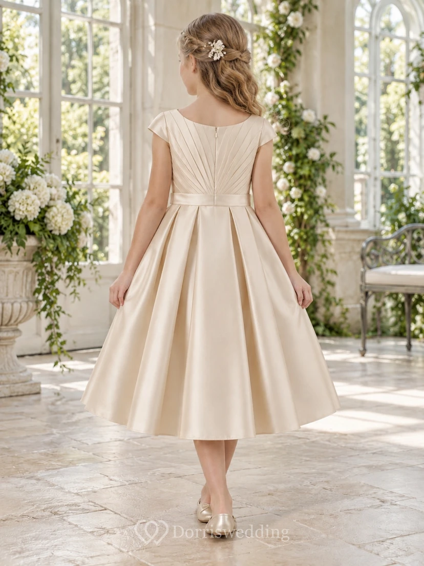 Simple Tea-length Champagne Satin Jewel Cap-sleeve Radial-bodice Pleated Waistband Zipper-back Flower Girl Dress view 2