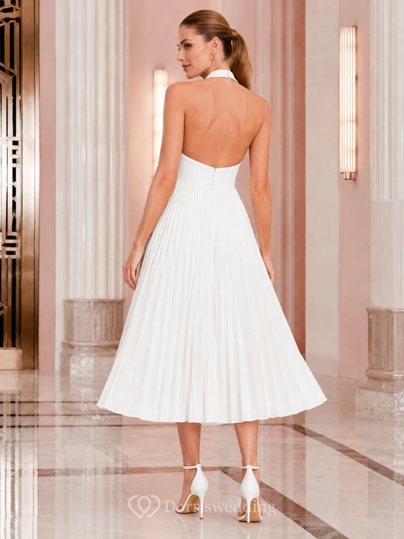 Marble Swing White A-Line Tea-Length Halter Sleeveless Chiffon Vintage Cocktail Dress view 2
