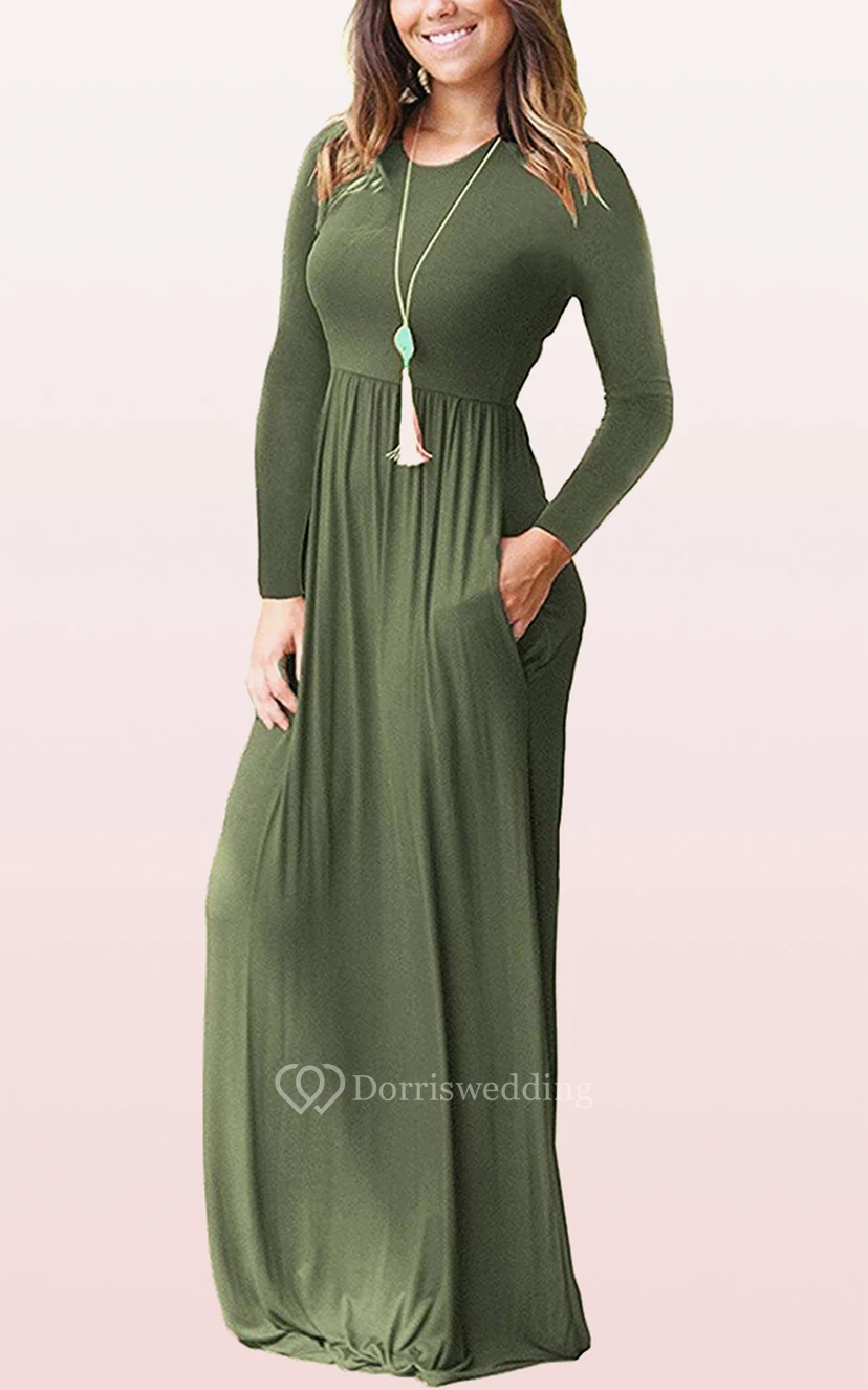 Elegantes Jersey-Gästekleid mit langen Ärmeln, U-Boot-Ausschnitt, A-Linie und Taschen view 2