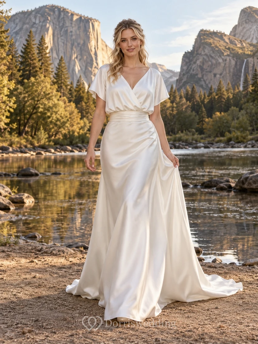 Vestido de novia sencillo de corte A, escote en V, manga corta, fruncido, satén, falda acampanada y largo hasta el suelo