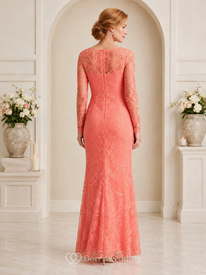 Coral Lace V-neck Sheath Long Sleeve Floor-length Romantic Formal Gown view 2