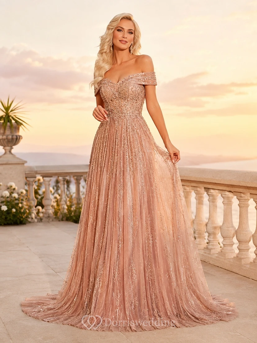 Rose Gold Off Shoulder Pleated Chiffon Romantic Evening Gown