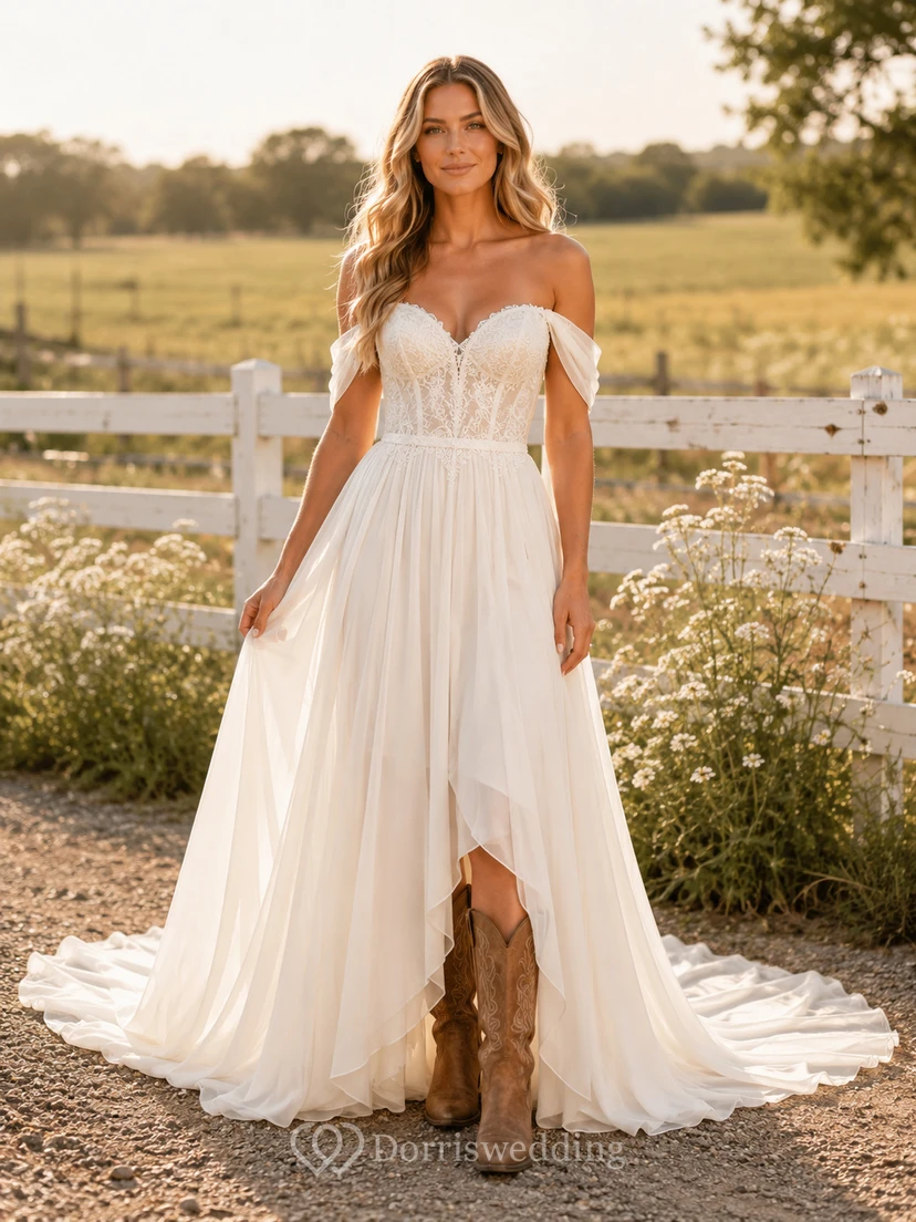 Robe de mariée de maternité, col carré, manches cloche amovibles, coupe trapèze, style champêtre