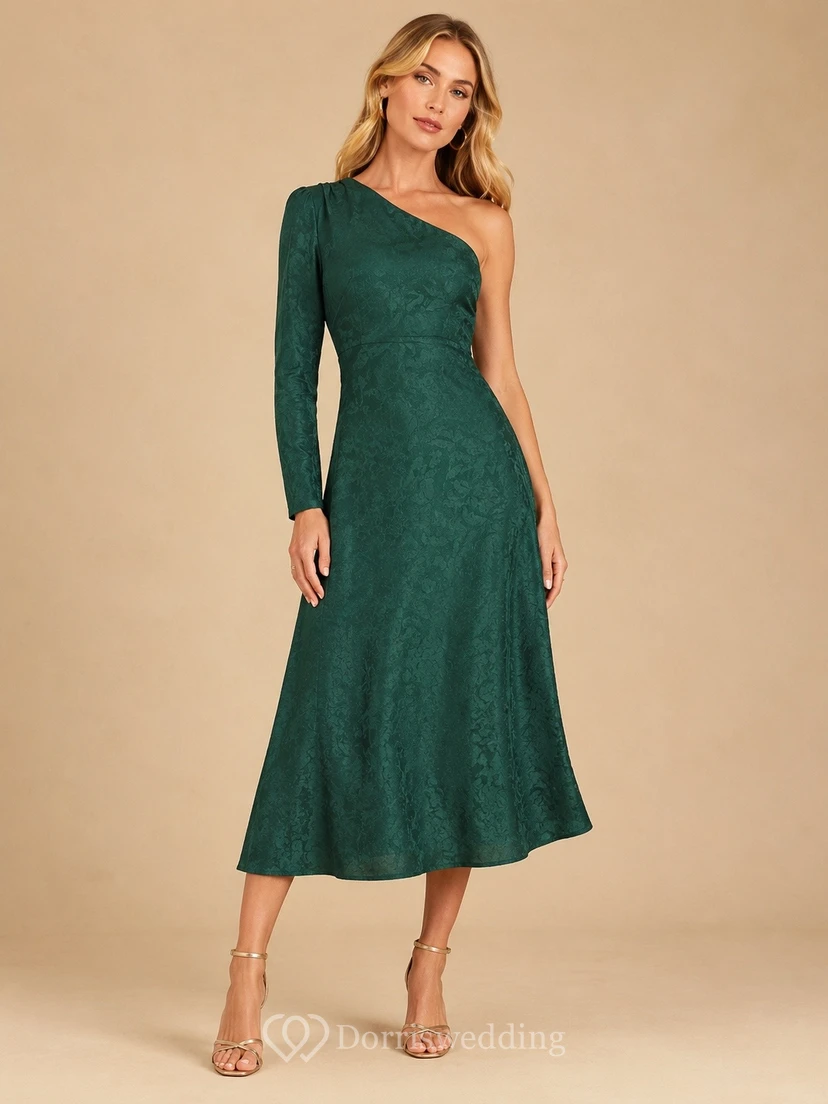 Dunkelgrünes, einseitig schulterfreies, langärmeliges A-Linien-Kleid in Teelänge
