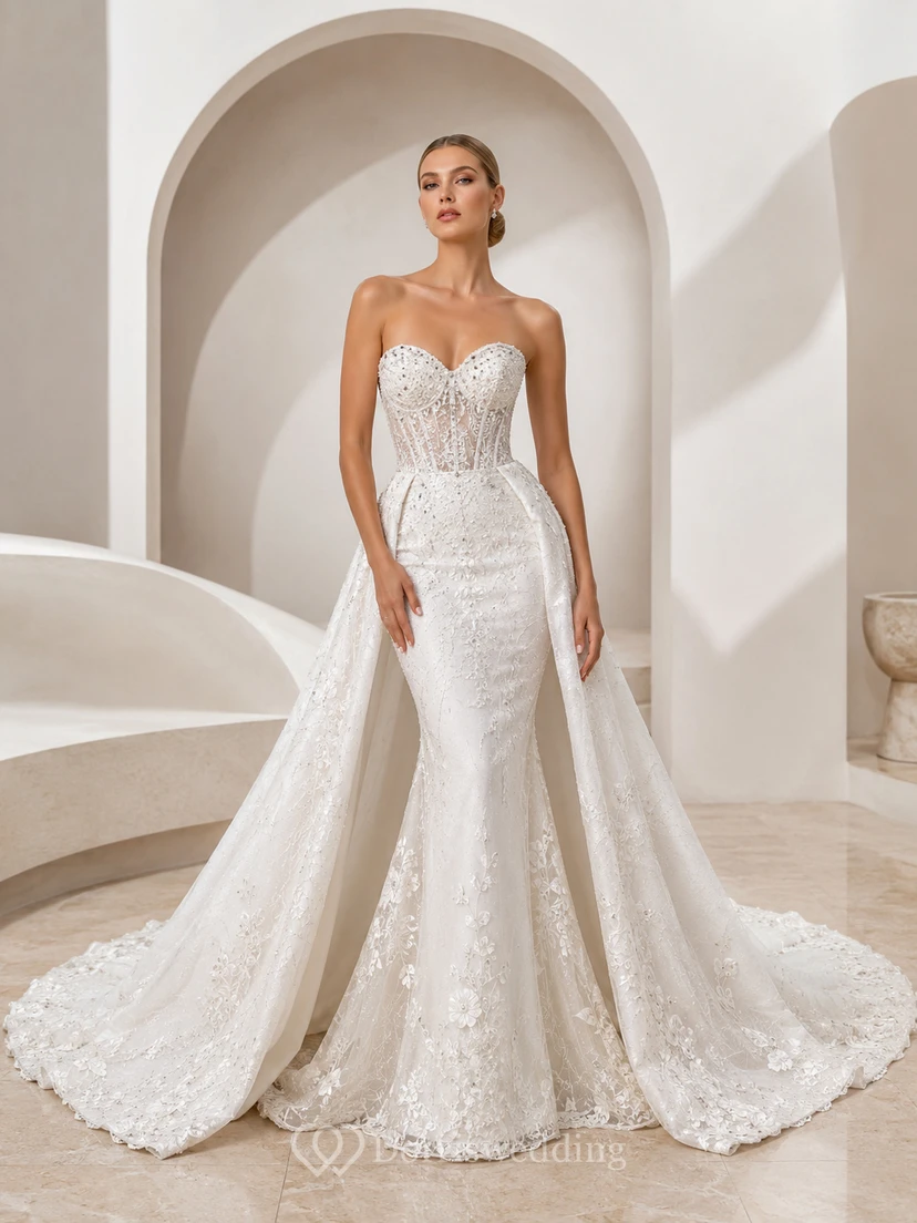 Robe de mariée sirène bustier en dentelle délicate, décolleté cœur et traîne chapelle, style godet, idéale pour un mariage au bord d'un lac.