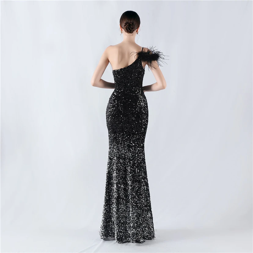 Gradient Velvet Bottom Sequins Craft Beading Ostrich Hair One-Shoulder Oblique Collar High-Slit Evening Dress view 16