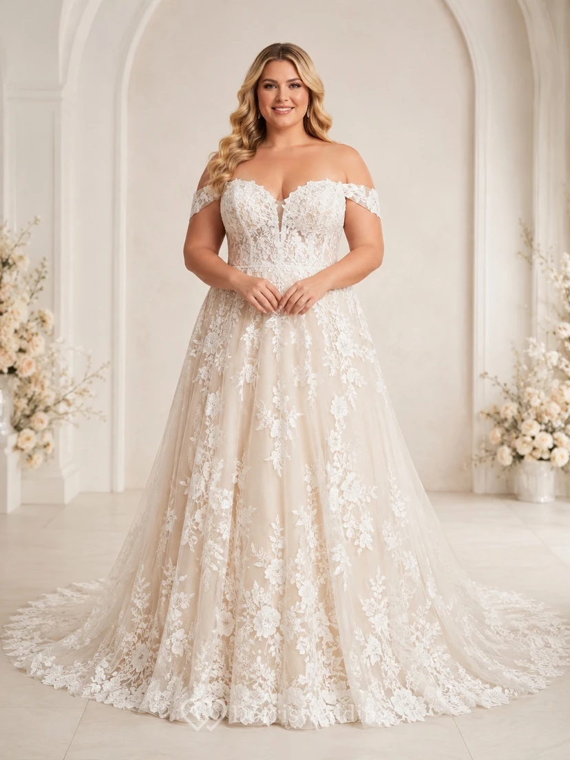Champagnerfarbenes Brautkleid in Übergröße, A-Linie, aus Spitze, schulterfrei, kurze Ärmel, Kapellenschleppe