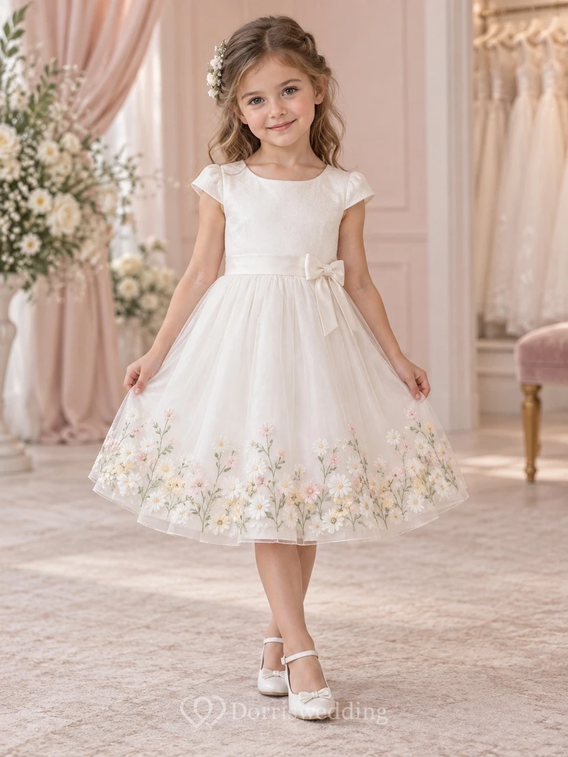 Vestido de niña de flores color marfil, corte en A, manga corta, lazo lateral, bordado botánico en el bajo, largo hasta la rodilla.