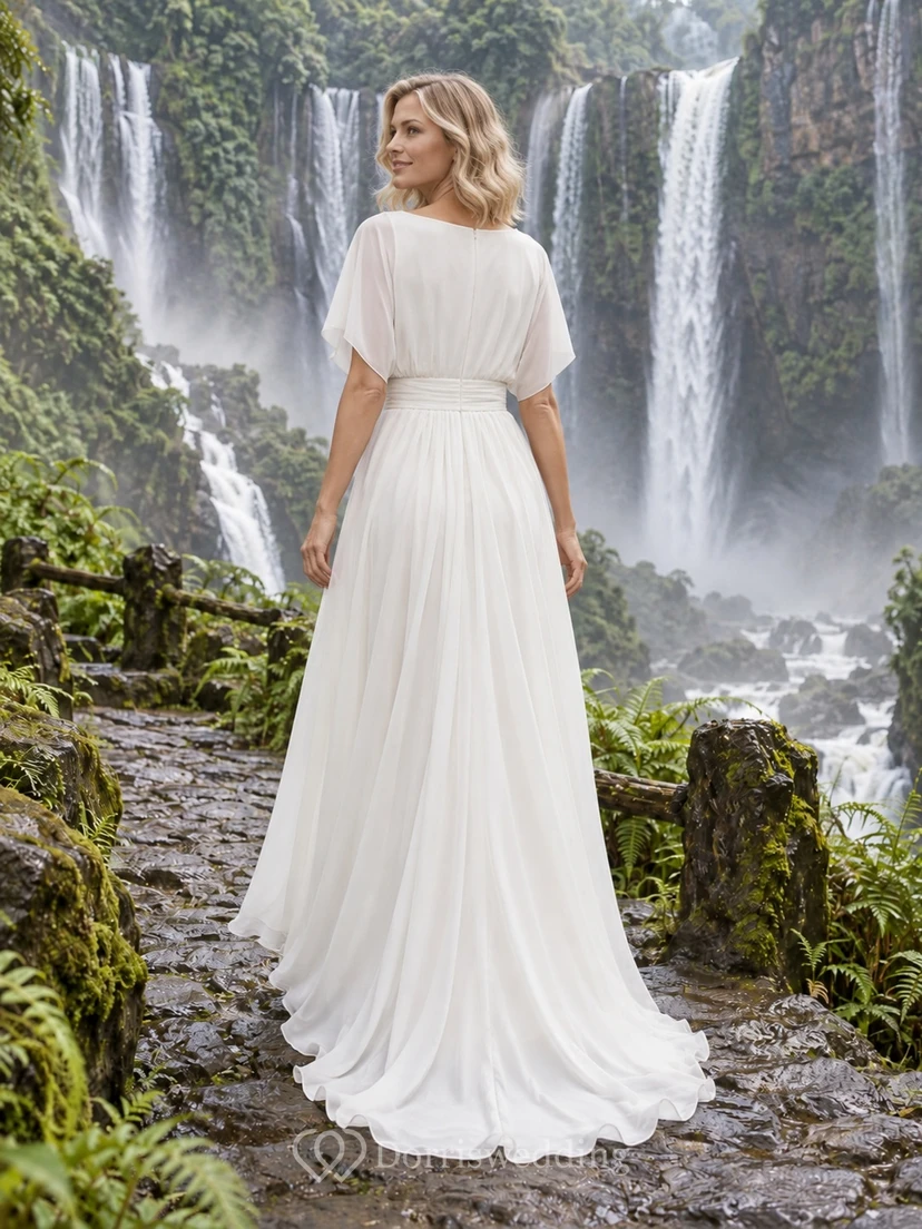 Simple Jewel Loose Short Sleeve Draped Sheath Bridal Wedding Dress view 2