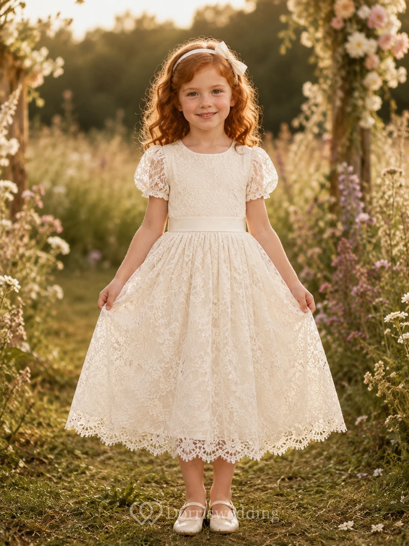 Boho-Spitzenkleid mit Volantärmeln für Blumenmädchen