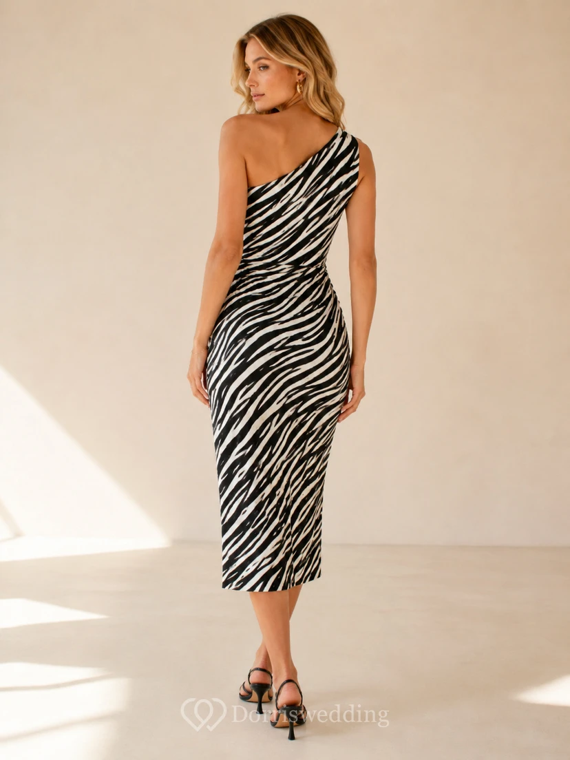 Black Zebra One Shoulder Bodycon Sheath Midi Cocktail Dress view 2