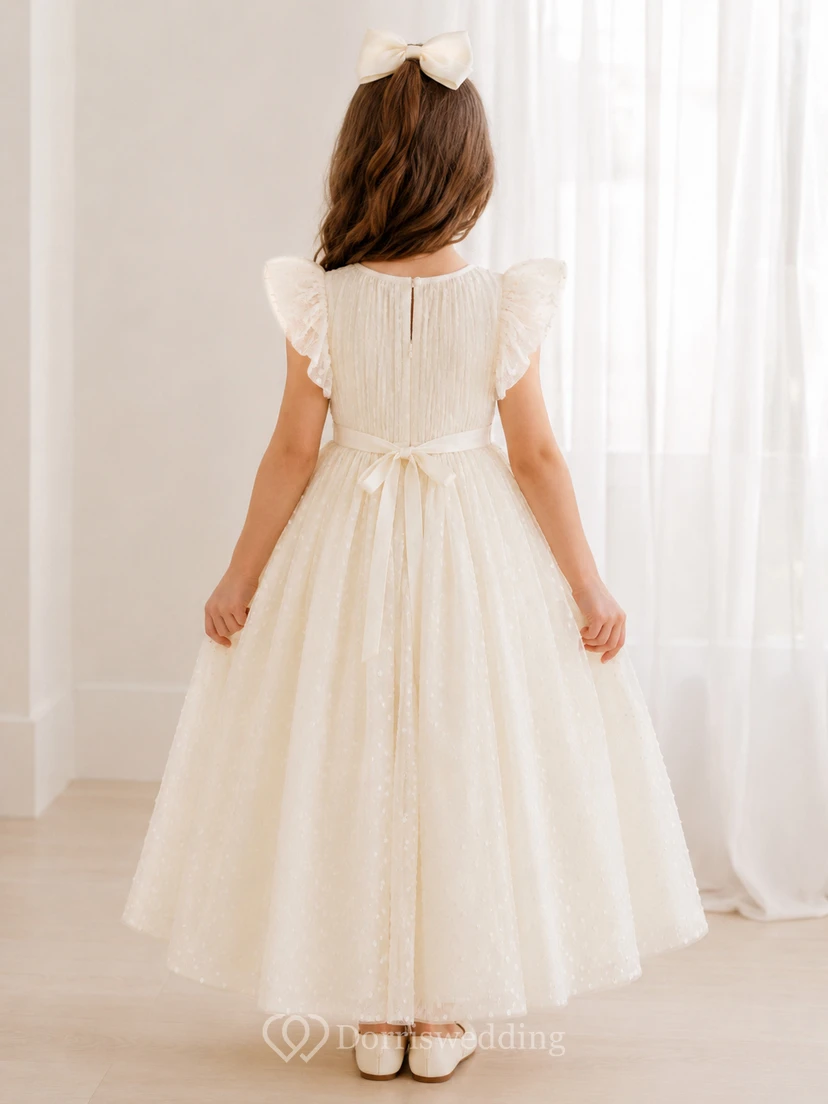 Bow Back Tulle A-Line Flower Girl Dress with Jewel Neck and Tea-Length Skirt view 2
