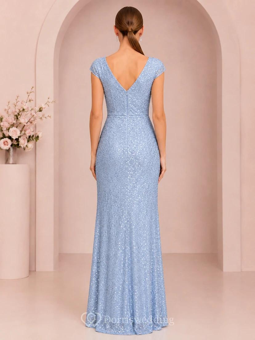 Himmelblaues Paillettenkleid mit V-Ausschnitt und kurzen Ärmeln view 2